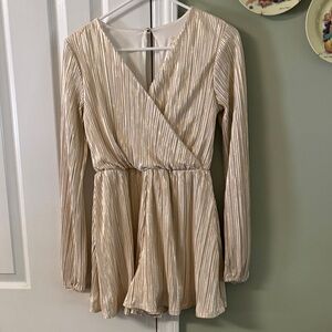Rewind Metallic Gold Pleated Long Sleeve Wrap Romper